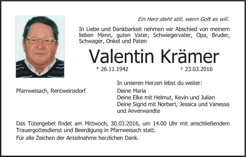  Traueranzeige für Valentin Krämer vom 26.03.2016 aus MGO