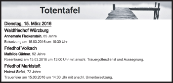 Anzeige von Totentafel vom 15.03.2016 von MGO