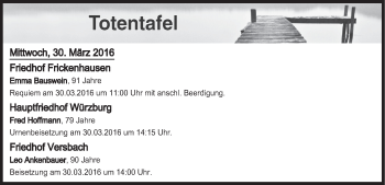Anzeige von Totentafel vom 30.03.2016 von MGO