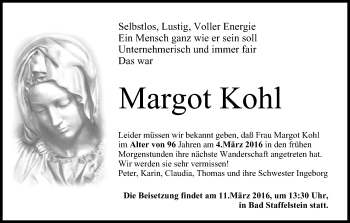 Anzeige von Margot Kohl von MGO