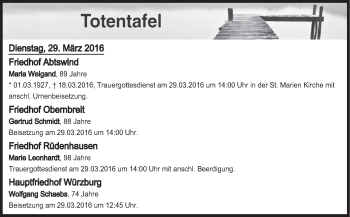 Anzeige von Totentafel vom 29.03.2016 von MGO