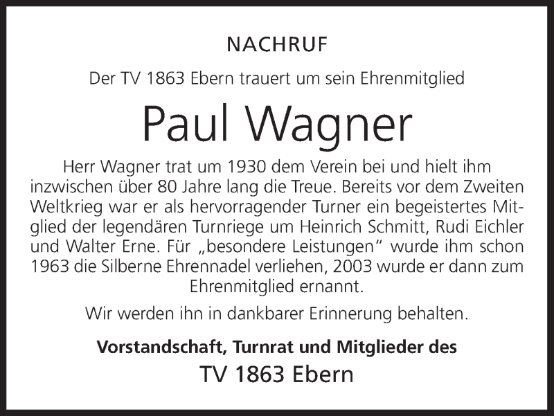  Traueranzeige für Paul Wagner vom 04.04.2016 aus MGO