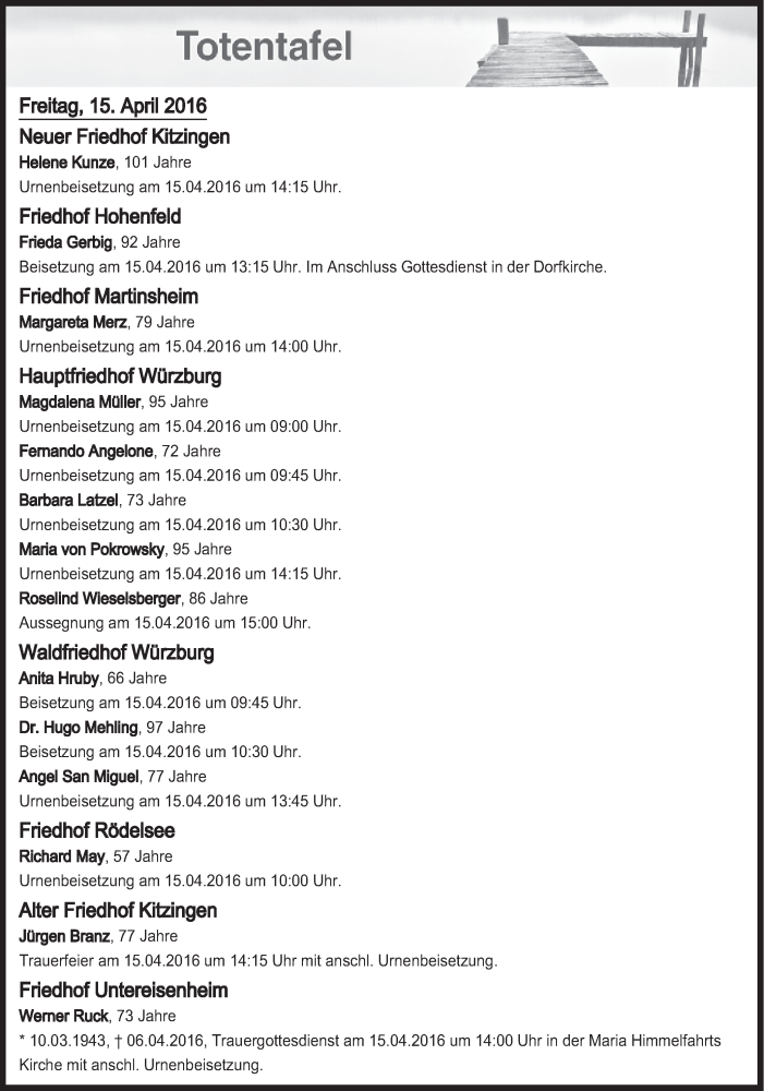  Traueranzeige für Totentafel vom 15.04.2016 vom 15.04.2016 aus MGO