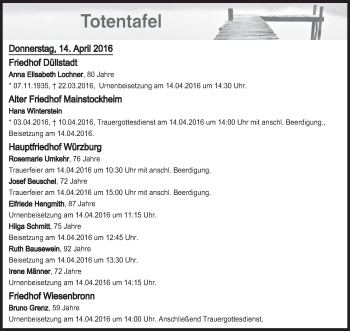 Anzeige von Totentafel vom 14.04.2016 von MGO