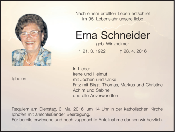 Anzeige von Erna Schneider von MGO