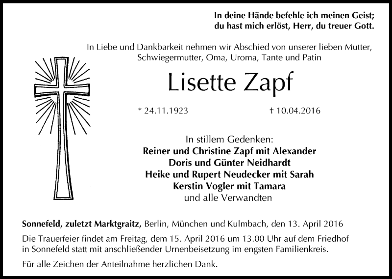  Traueranzeige für Lisette Zapf vom 13.04.2016 aus MGO
