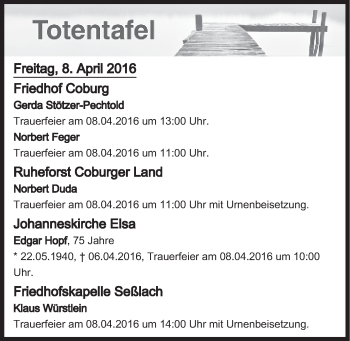 Anzeige von Totentafel vom 08.04.2016 von MGO