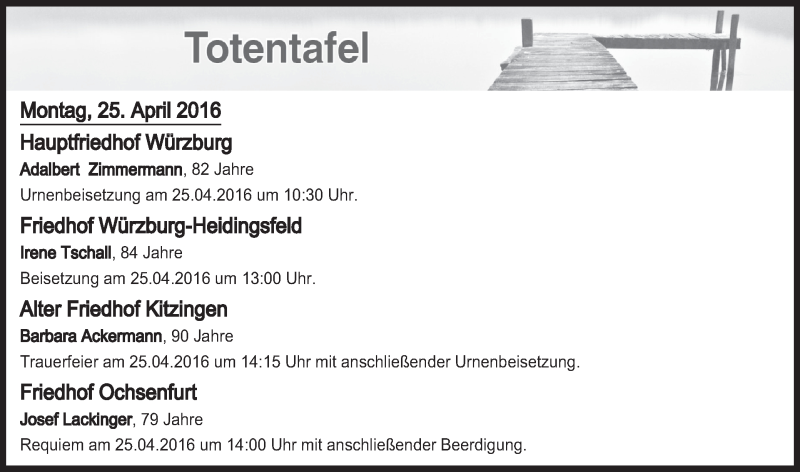  Traueranzeige für Totentafel vom 25.04.2016 vom 25.04.2016 aus MGO
