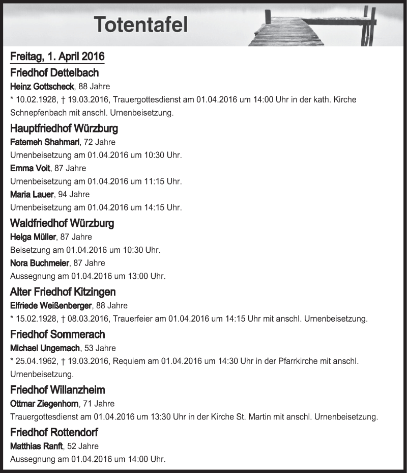  Traueranzeige für Totentafel vom 01.04.2016 vom 01.04.2016 aus MGO
