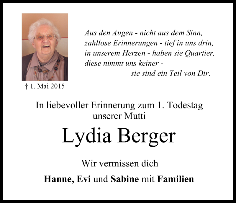  Traueranzeige für Lydia Berger vom 30.04.2016 aus MGO