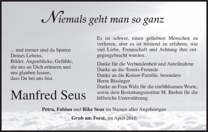  Traueranzeige für Manfred Seus vom 16.04.2016 aus MGO
