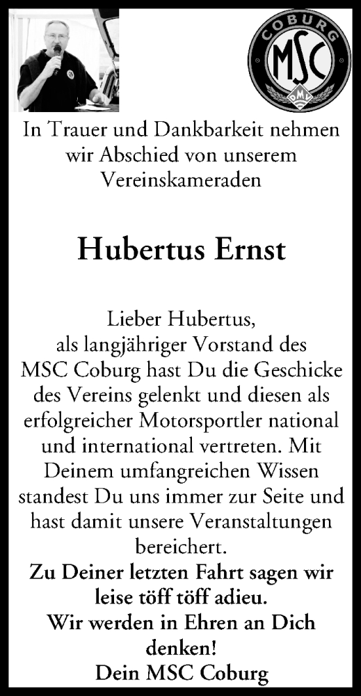  Traueranzeige für Hubertus Ernst vom 18.04.2016 aus MGO
