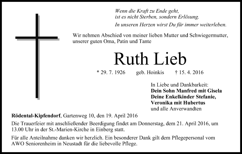  Traueranzeige für Ruth Lieb vom 19.04.2016 aus MGO