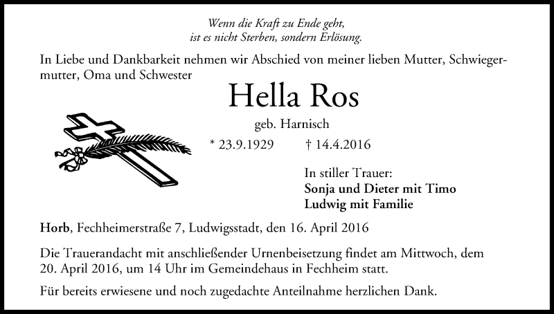  Traueranzeige für Hella Ros vom 16.04.2016 aus MGO