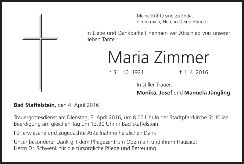  Traueranzeige für Maria Zimmer vom 04.04.2016 aus MGO