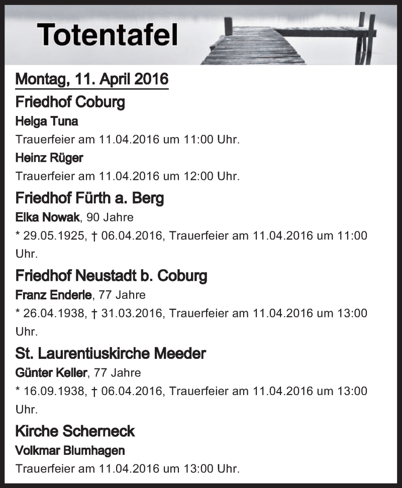 Traueranzeige für Totentafel vom 11.04.2016 vom 11.04.2016 aus MGO