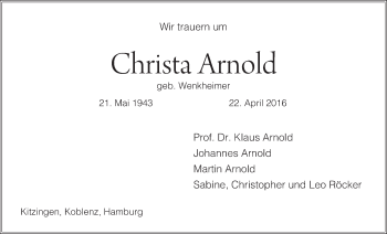 Anzeige von Christa Arnold von MGO