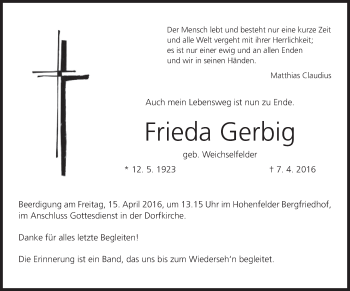 Anzeige von Frieda Gerbig von MGO