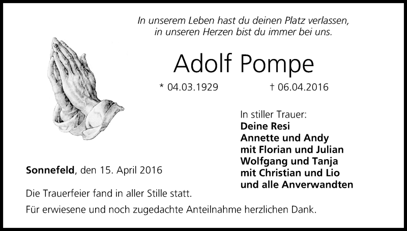  Traueranzeige für Adolf Pompe vom 15.04.2016 aus MGO