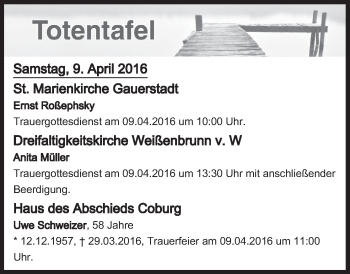 Anzeige von Totentafel vom 09.04.2016 von MGO
