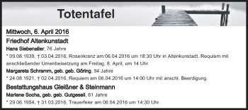 Anzeige von Totentafel vom 06.04.2016 von MGO