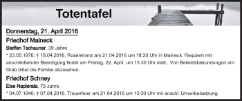 Anzeige von Totentafel vom 21.04.2016 von MGO