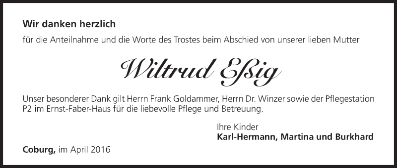  Traueranzeige für Wiltrud Eßig vom 23.04.2016 aus MGO