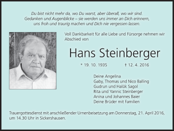 Anzeige von Hans Steinberger von MGO