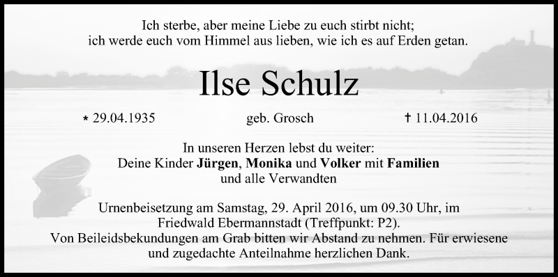 Traueranzeige für Ilse Schulz vom 22.04.2016 aus MGO