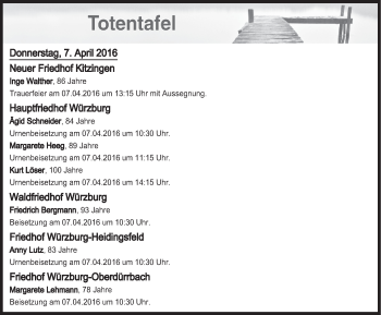 Anzeige von Totentafel vom 07.04.2016 von MGO