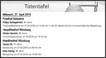 Anzeige von Totentafel vom 27.04.2016 von MGO