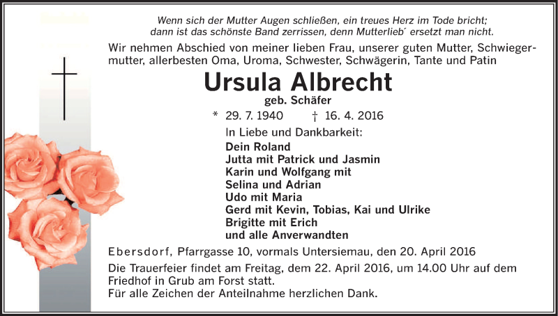 Traueranzeige für Ursula Albrecht vom 20.04.2016 aus MGO
