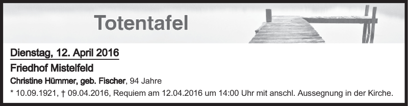  Traueranzeige für Totentafel vom 12.04.2016 vom 12.04.2016 aus MGO