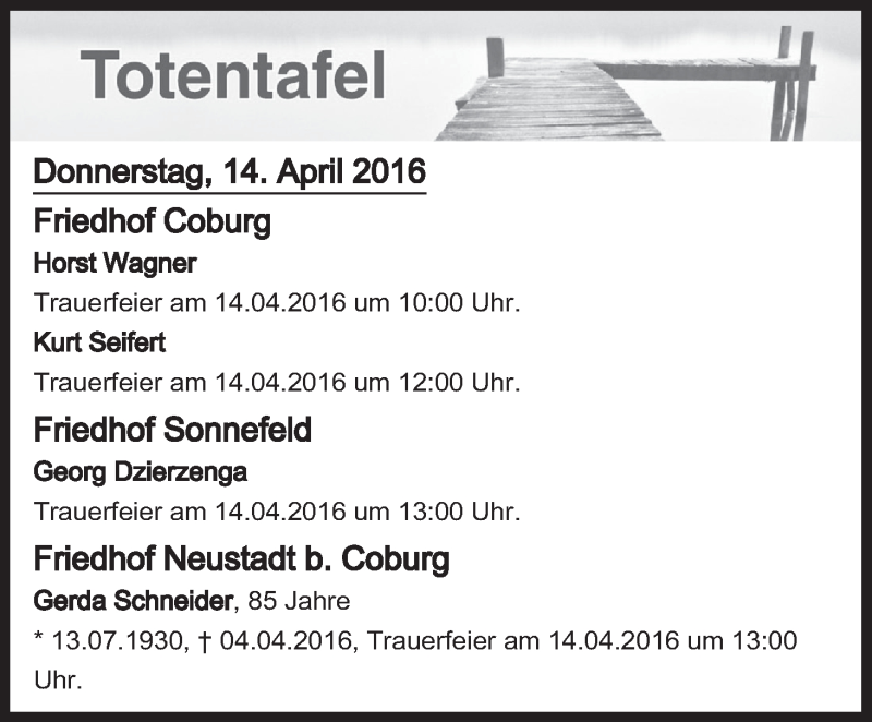  Traueranzeige für Totentafel vom 14.04.2016 vom 14.04.2016 aus MGO