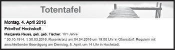 Anzeige von Totentafel vom 04.04.2016 von MGO