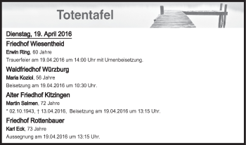 Anzeige von Totentafel vom 19.04.2016 von MGO