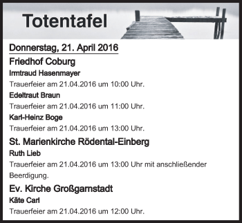 Anzeige von Totentafel vom 21.04.2016 von MGO