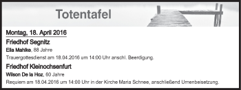 Anzeige von Totentafel vom 18.04.2016 von MGO