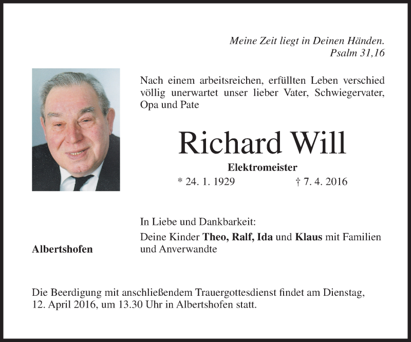  Traueranzeige für Richard Will vom 09.04.2016 aus MGO