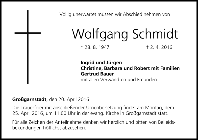  Traueranzeige für Wolfgang Schmidt vom 20.04.2016 aus MGO