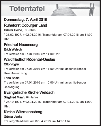 Anzeige von Totentafel vom 07.04.2016 von MGO