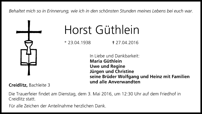  Traueranzeige für Horst Güthlein vom 30.04.2016 aus MGO