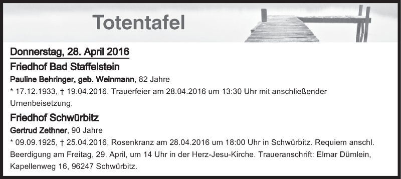  Traueranzeige für Totentafel vom 28.04.2016 vom 28.04.2016 aus MGO