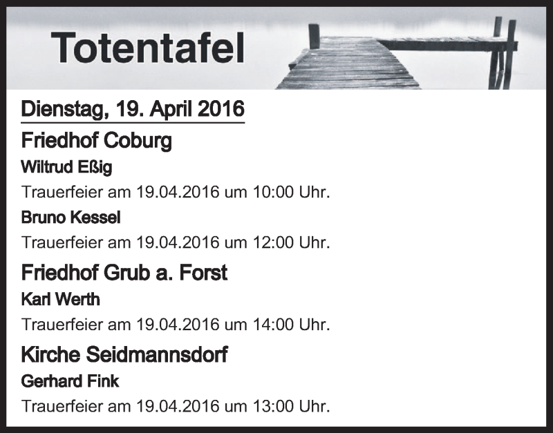  Traueranzeige für Totentafel vom 19.04.2016 vom 19.04.2016 aus MGO