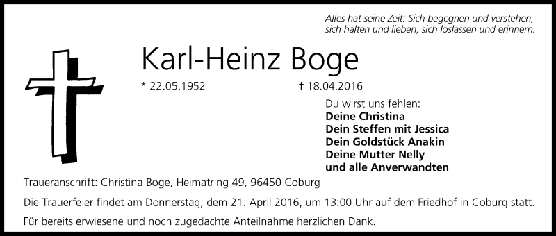  Traueranzeige für Karl-Heinz Boge vom 20.04.2016 aus MGO