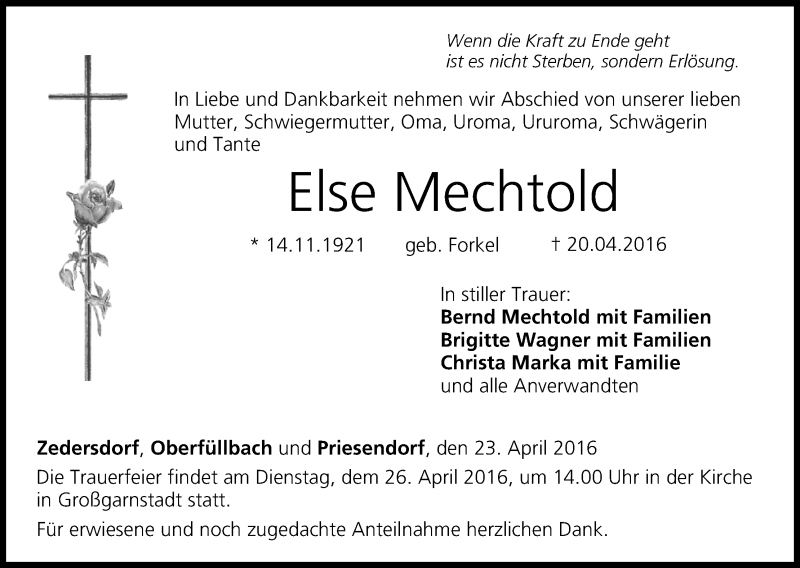  Traueranzeige für Else Mechtold vom 23.04.2016 aus MGO