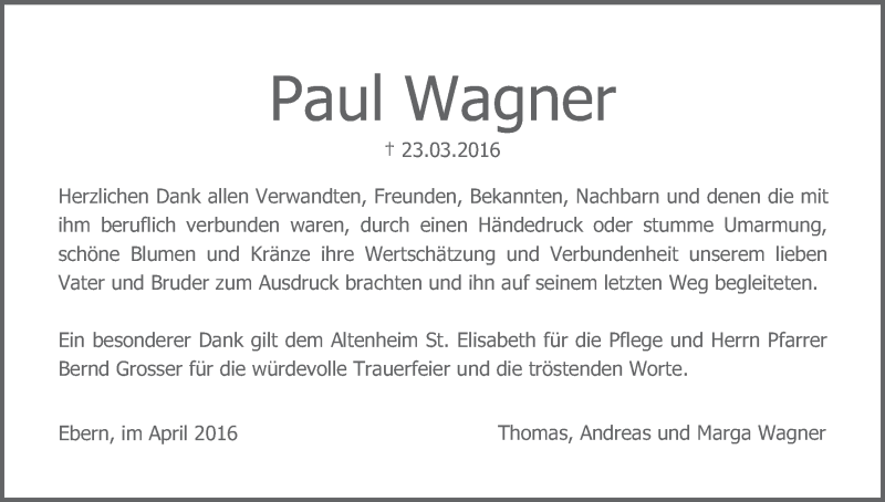  Traueranzeige für Paul Wagner vom 16.04.2016 aus MGO