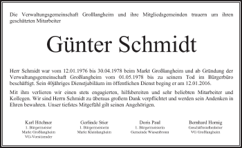 Anzeige von Günter Schmidt von MGO