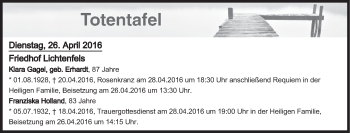 Anzeige von Totentafel vom 26.04.2016 von MGO