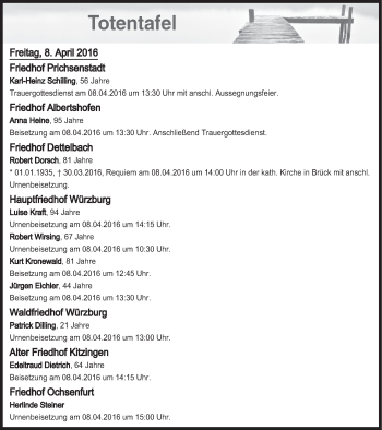 Anzeige von Totentafel vom 08.04.2016 von MGO